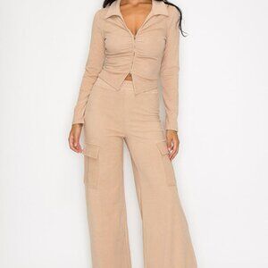 Women's Zippered Ruched Collared Crop Sweater and Mid-Rise Fit & Flare Elastic